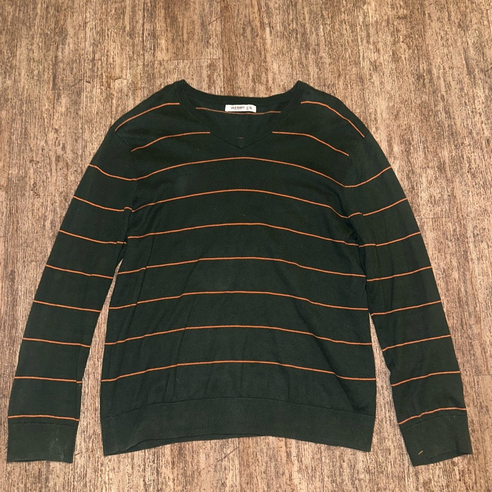 Old Navy Men's Dark Green and Orange Striped V-Neck Sweater Size XL